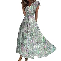 Dresses for Women Summer Floral Print V Neck Beach Dress Flowy Elegant Maxi Dress Trendy Short Sleeves Sundresses