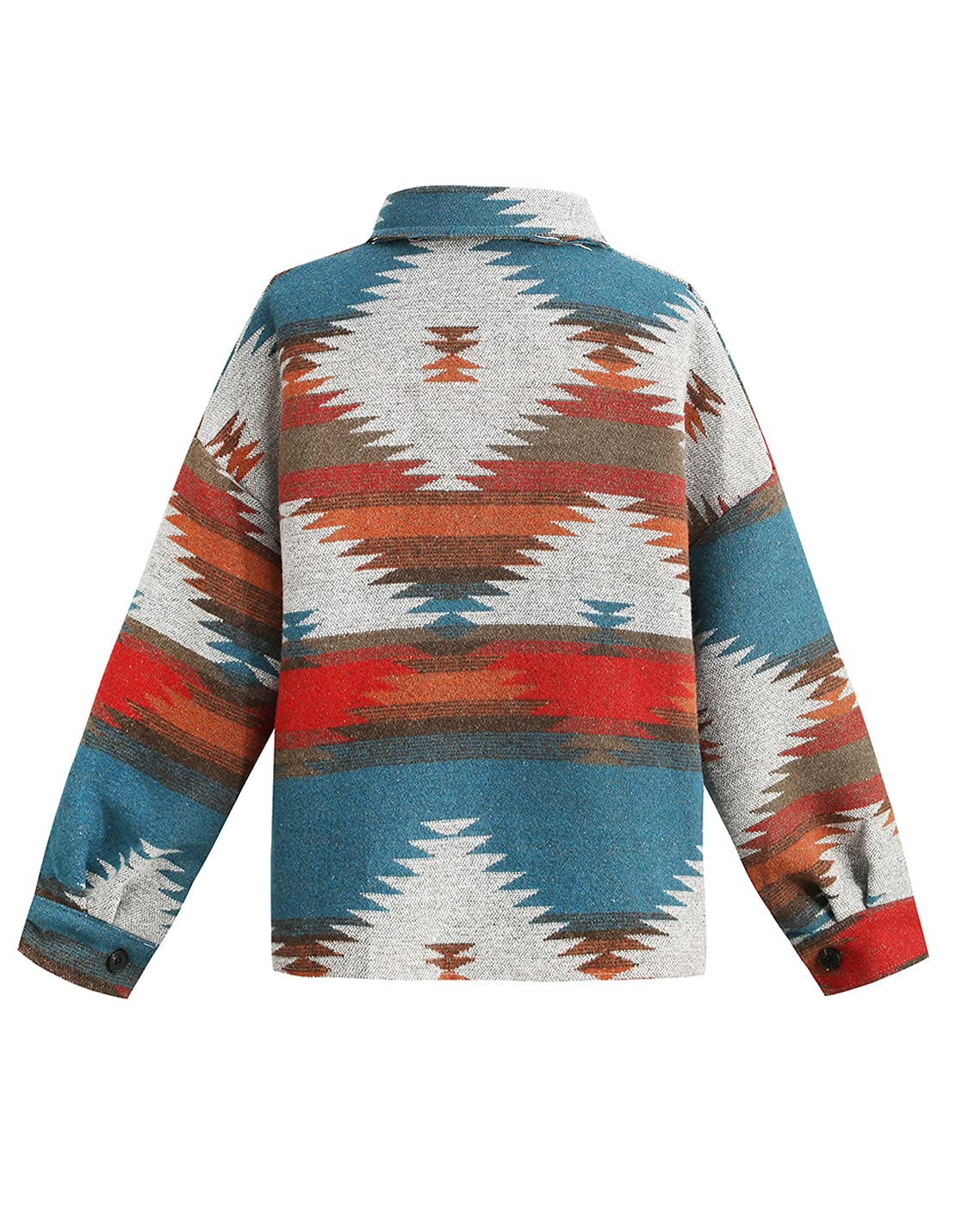 COWOKA Women's Vintage Aztec Print Pattern Loose Shacket Button Down Long Sleeve Woolen Jacket Shirts Coat