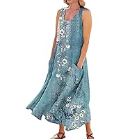 Dresses for Women Plus Size Fashion Casual Beach Maxi Print Solid Colour Sleeveless Summer Cotton Linen Pocket Dress