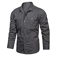 Mens Denim Shirts Slim Fit Casual Button Down Shirt Long Sleeve Cotton Shirt Military Style Tactical Retro Top
