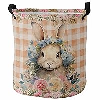 Cute Bunny Floral Laundry Basket Hamper with Handles, Collapsible Laundry Basket Waterproof Cloth Laundry Hamper Easy Carry Storage Basket Rustic Easter Spring Flowers Orange Plaid 13.8x17 In