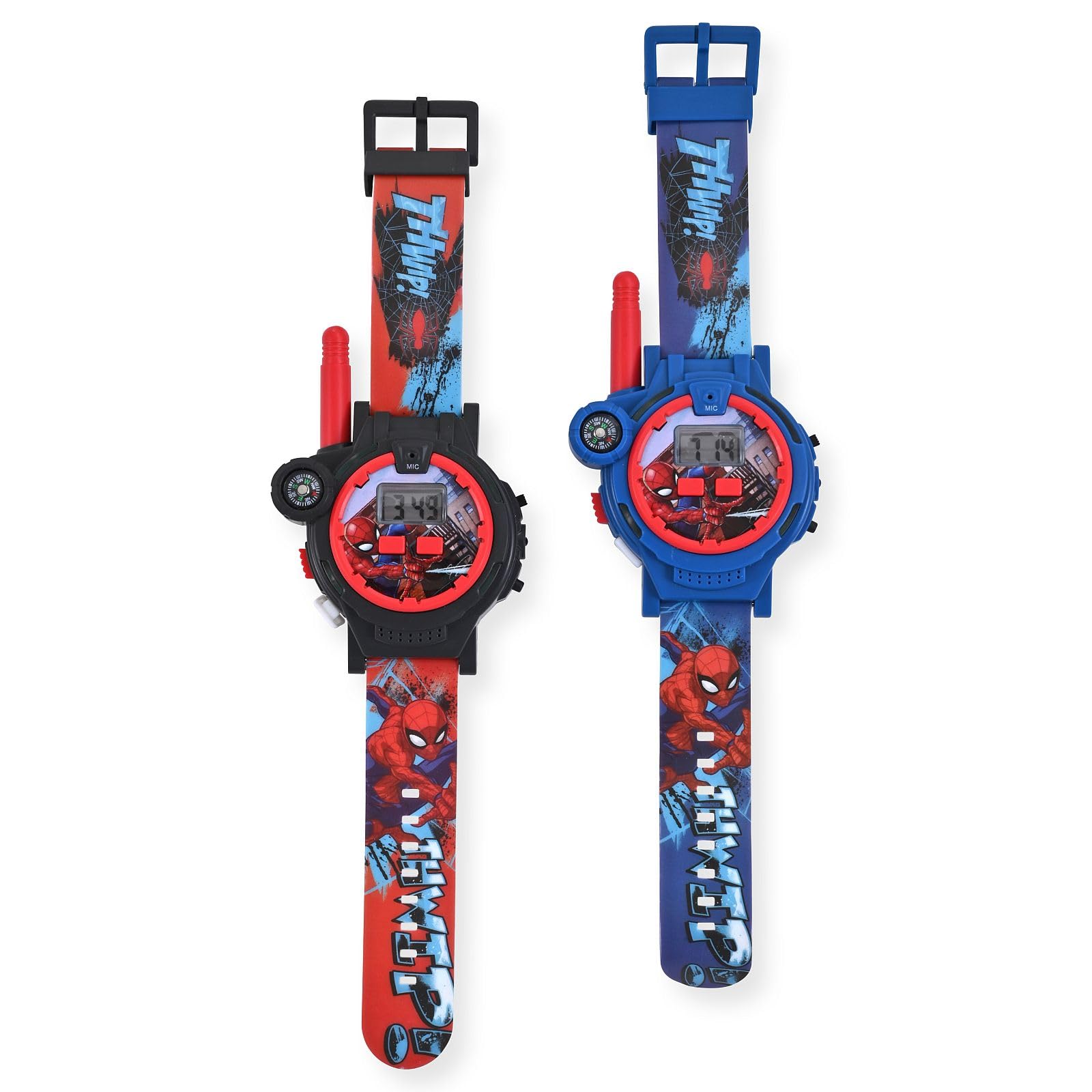 Accutime Spiderman Walkie Talkie Red and Blue Educational Digital Kids Watch Set of 2- Toy with Multicolor Strap for Girls, Boys, Toddlers - 200 Meter Long Range Children's Watch (Model: SPD40156AZ)