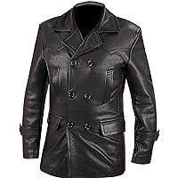 Mens German Classic Officer WW2 Military Uniform Black Leather Trench Coat
