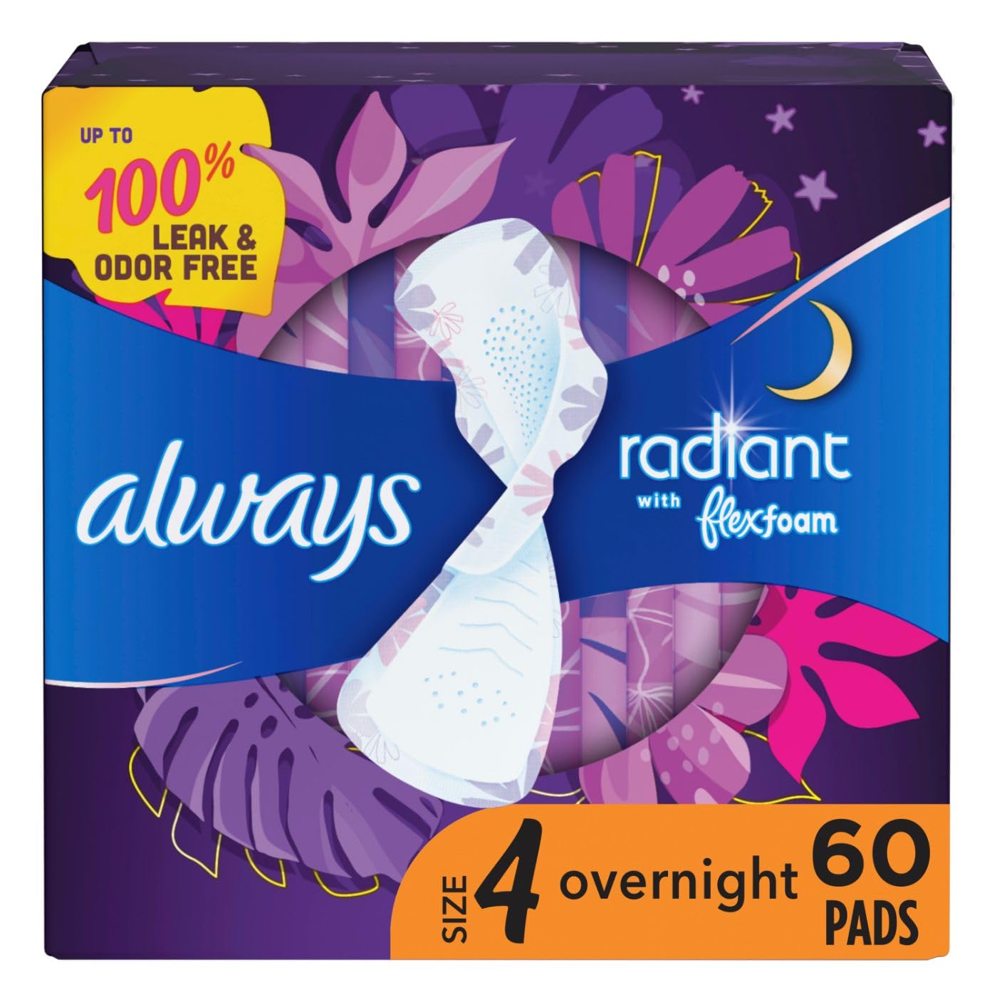 Always Radiant Overnight Feminine Pads for Women, Size 4 for Nighttime, with Wings, Scented, 60 CT