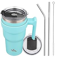 30oz Tumbler with Handle and 2 Straw 2 Lid, Insulated Water Bottle Stainless Steel Vacuum Cup Reusable Travel Mug,Turquoise