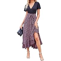 BTFBM Women Maxi Summer Dresses 2024 Short Sleeve V Neck Boho Floral Print Belted High Low Ruffle Cocktail Party Dress