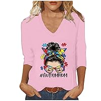 Autism Mom Shirts for Women 3/4 Sleeve V Neck Casual Tops Autism Awareness Support Gifts Summer Tees Pullover