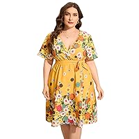 Women Plus Size Floral Print Short Sleeve Summer Casual Midi Dress