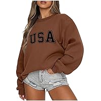 Womens USA Sweatshirt Casual Letter Graphic Shirts Tops Loose Fit Crewneck Blouse Fleece Pullover Sweatshirt Tunic