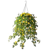 INQCMY Artificial Hanging Flowers,Fake Hanging Plants Multicolor Chrysanthemum Flower Bouquet with 12 Inch Coconut Lining Basket for Outdoor Home Porch Garden Decor（Yellow）