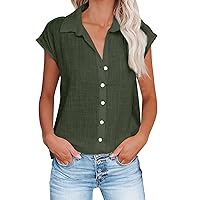 Womens Cotton Linen Button Down Shirt 2024 Casual Cap Short Sleeve Solid Color Shirts V Neck Loose Work Tops