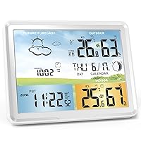 Weather Station Wireless Indoor Outdoor Thermometer, Color Display Digital Thermometer Humidity Monitor with Atomic Clock, Forecast Station with Calendar and Adjustable Backlight for Home