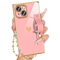 Petitian for iPhone 14 Square Case with Loopy Stand/Strap, Luxury Cute Women Girls Heart Electroplated Designer Squared Edge Phone Cases for 14
