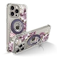 GVIEWIN Bundle - Compatible with iPhone 15 Pro Case Floral (Cherry Blossoms/Purple) + Magnetic Phone Ring Holder (Purple)