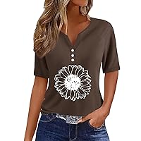 Button Neck Shirts for Women Sunflower Printing Retro Short Sleeve Tops 2024 Summer V Neck Loose Fit Tee Shirts