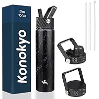 Insulated Water Bottle with Straw,24oz 3 Lids Metal Bottles Stainless Steel Water Flask,Marble Midnight