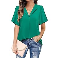 Unixseque Women's Chiffon Short Sleeve Blouses V Neck Casual Tops Office Business Work Shirts