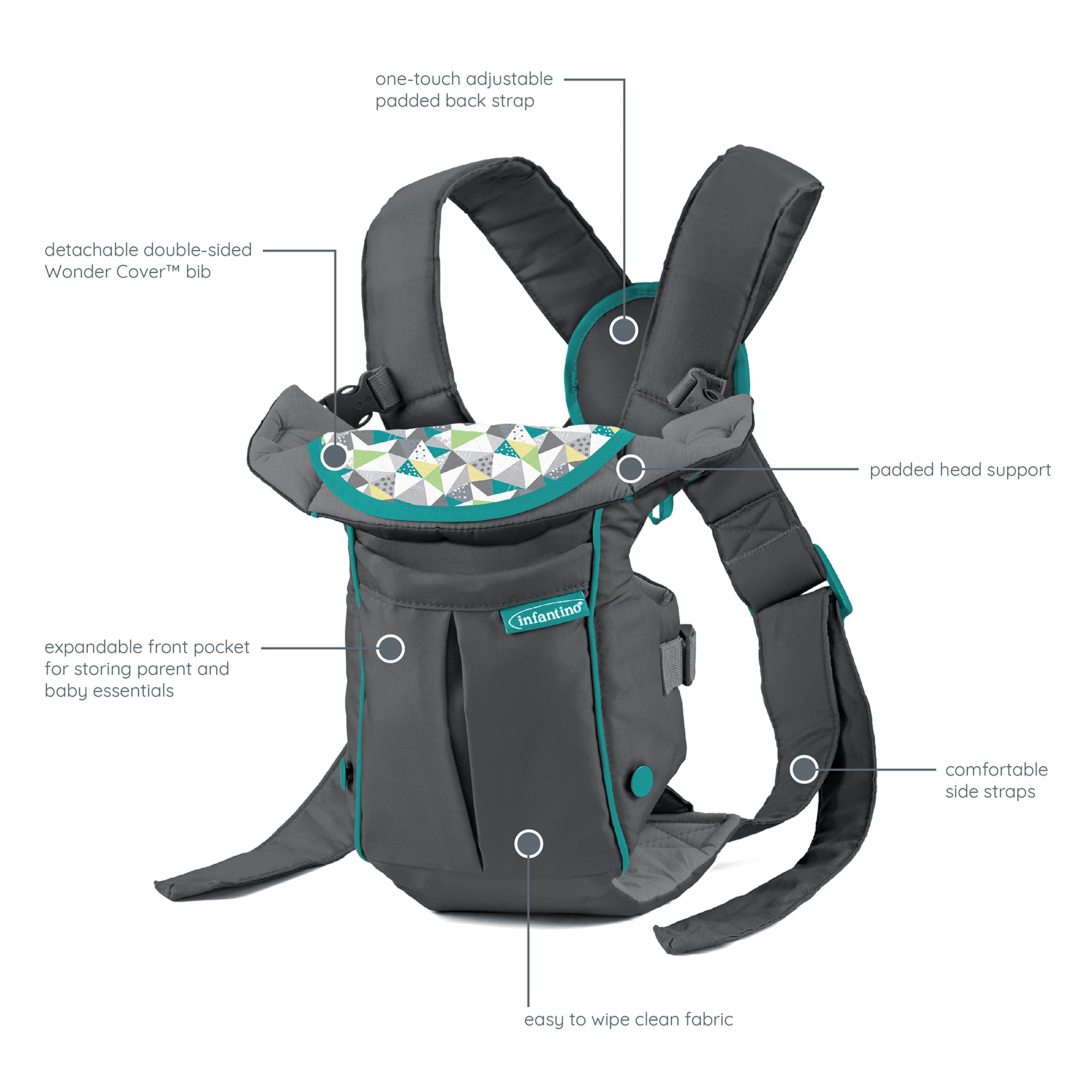 Infantino Swift Classic Carrier with Pocket - 2 Ways to Carry Grey Carrier with Wonder Bib & Essentials Storage Front Pocket, Adjustable Back Strap, Inward & Outward Facing, Easy to Clean Material