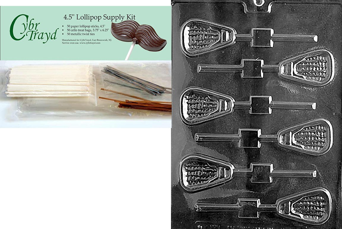 Cybrtrayd Lacrosse Lolly Sports Chocolate Candy Mold, Includes 50 Lollipop Sticks, 50 Cello Bags, 25 Gold and 25 Silver Twist Ties
