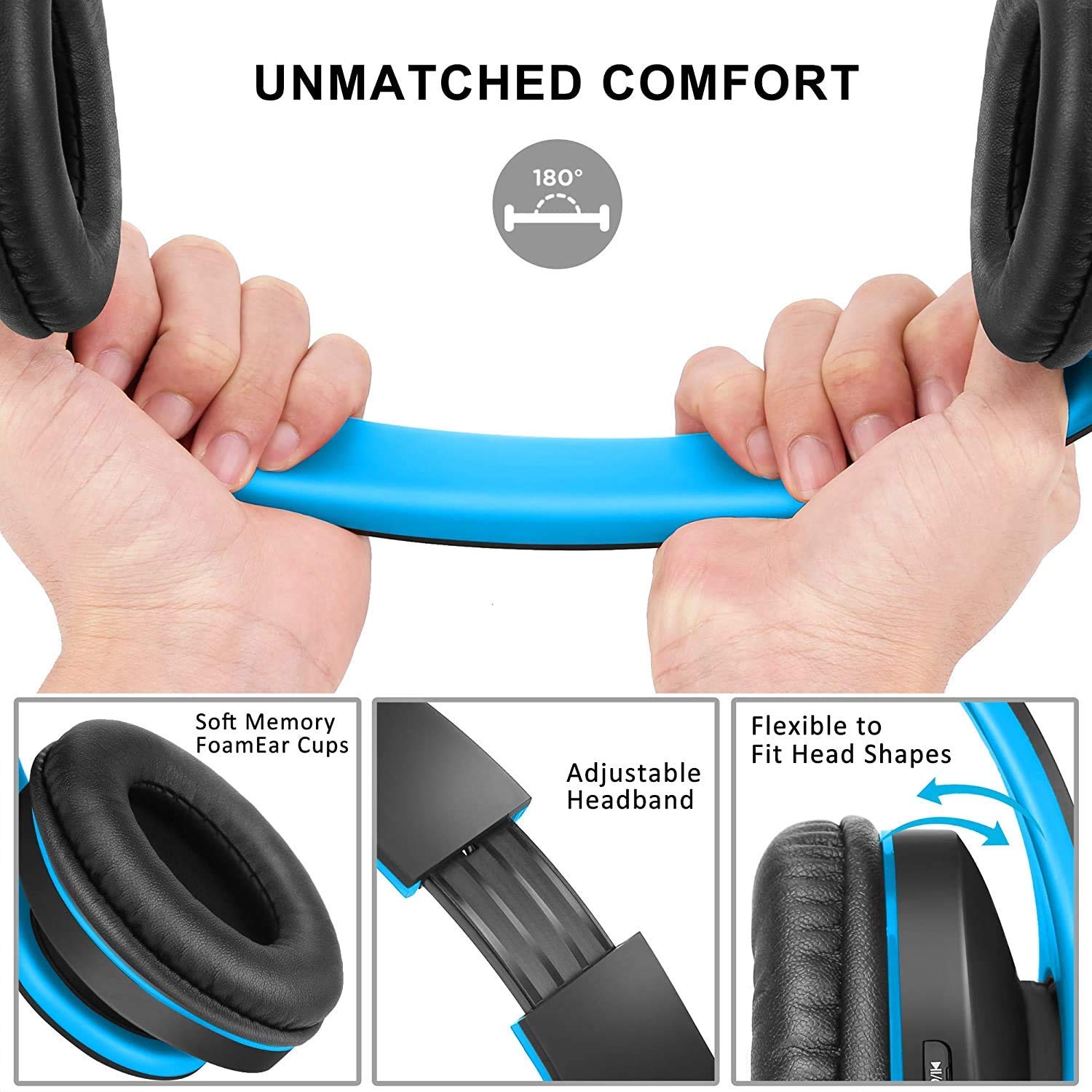ZIHNIC Bluetooth Headphones Over-Ear, Foldable Wireless and Wired Stereo Headset Micro SD/TF, FM for Cell Phone,PC,Soft Earmuffs &Light Weight for Prolonged Wearing (Black/Blue)