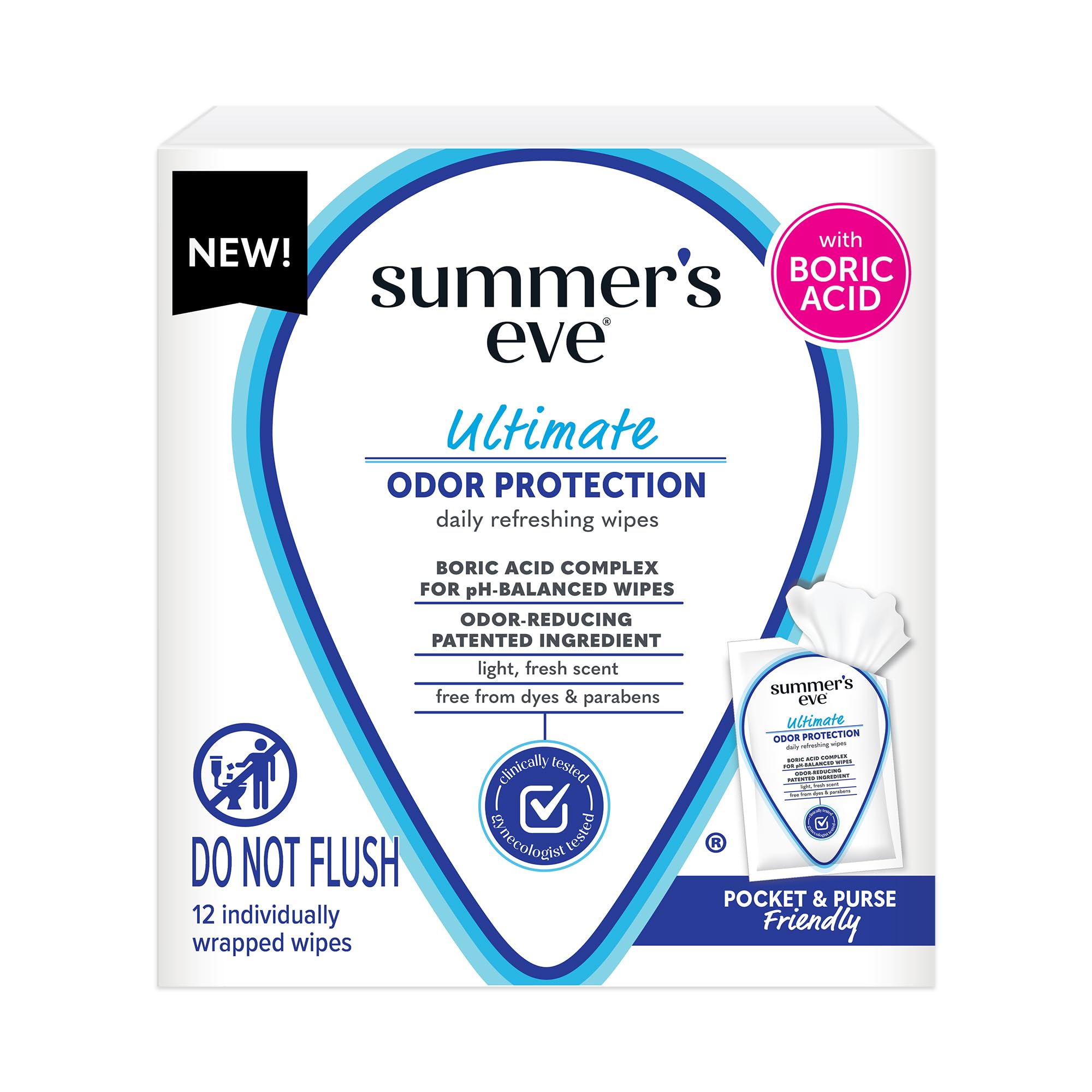 Summer’s Eve Ultimate Odor Protection Feminine Wipes, Boric Acid Complex for pH-balance 12 Count
