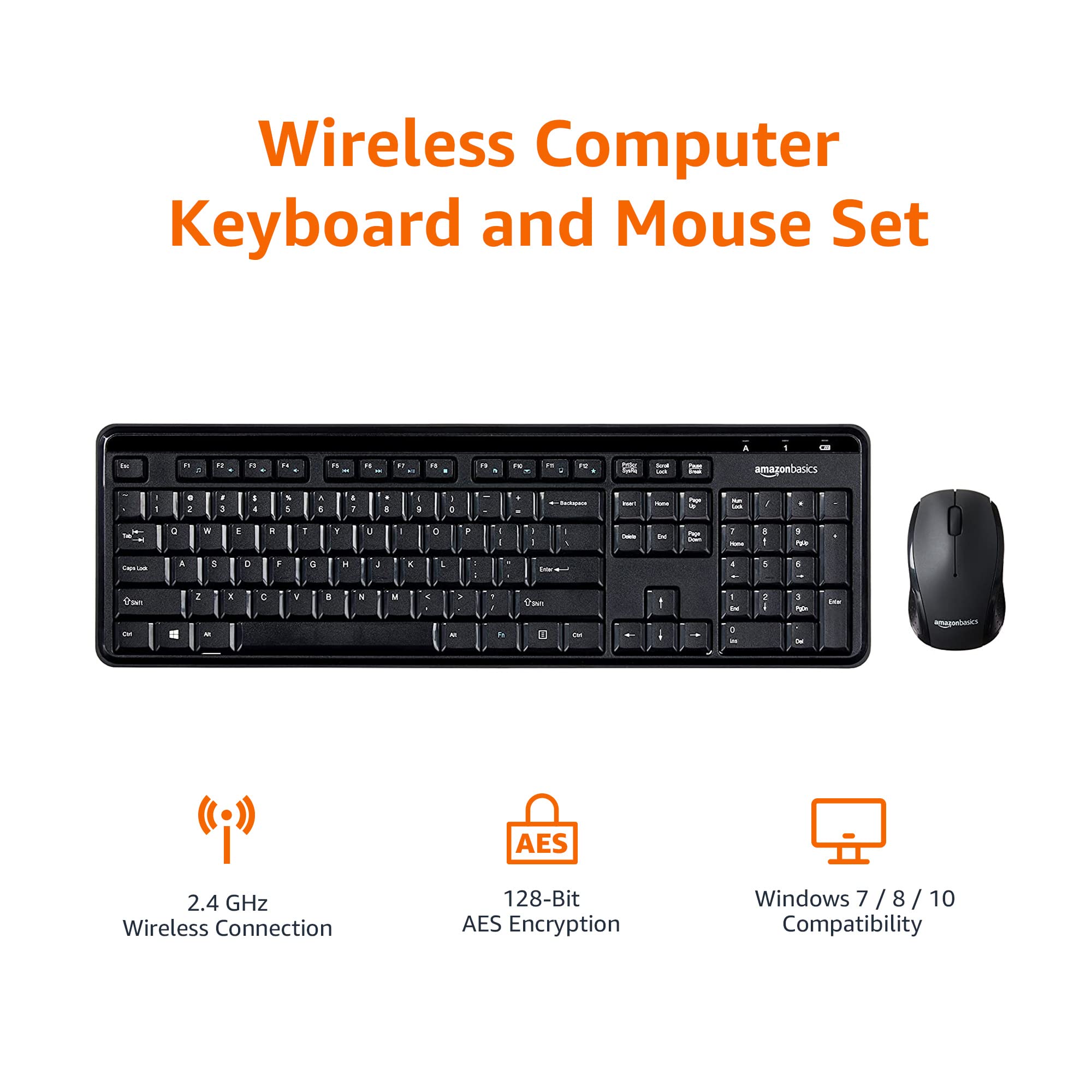 Amazon Basics 2.4GHz Wireless Computer Keyboard and Mouse Combo, Quiet and Compact US Layout (QWERTY), Black