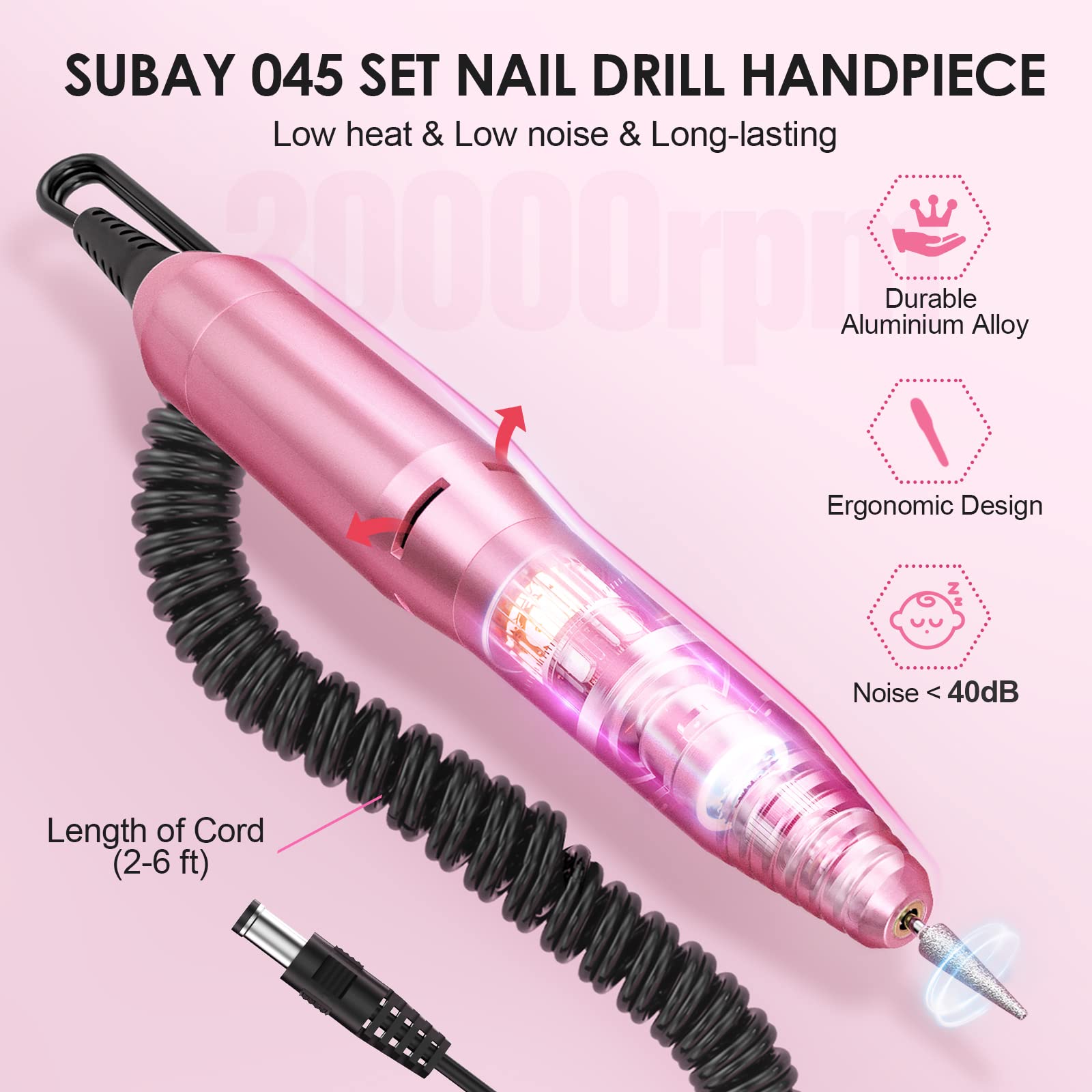 Subay Professional Finger Toe Nail Care Electric Nail Drill Machine Manicure Pedicure Kit Electric Nail Art File Drill with 1 Pack of Sanding Bands (Pink)