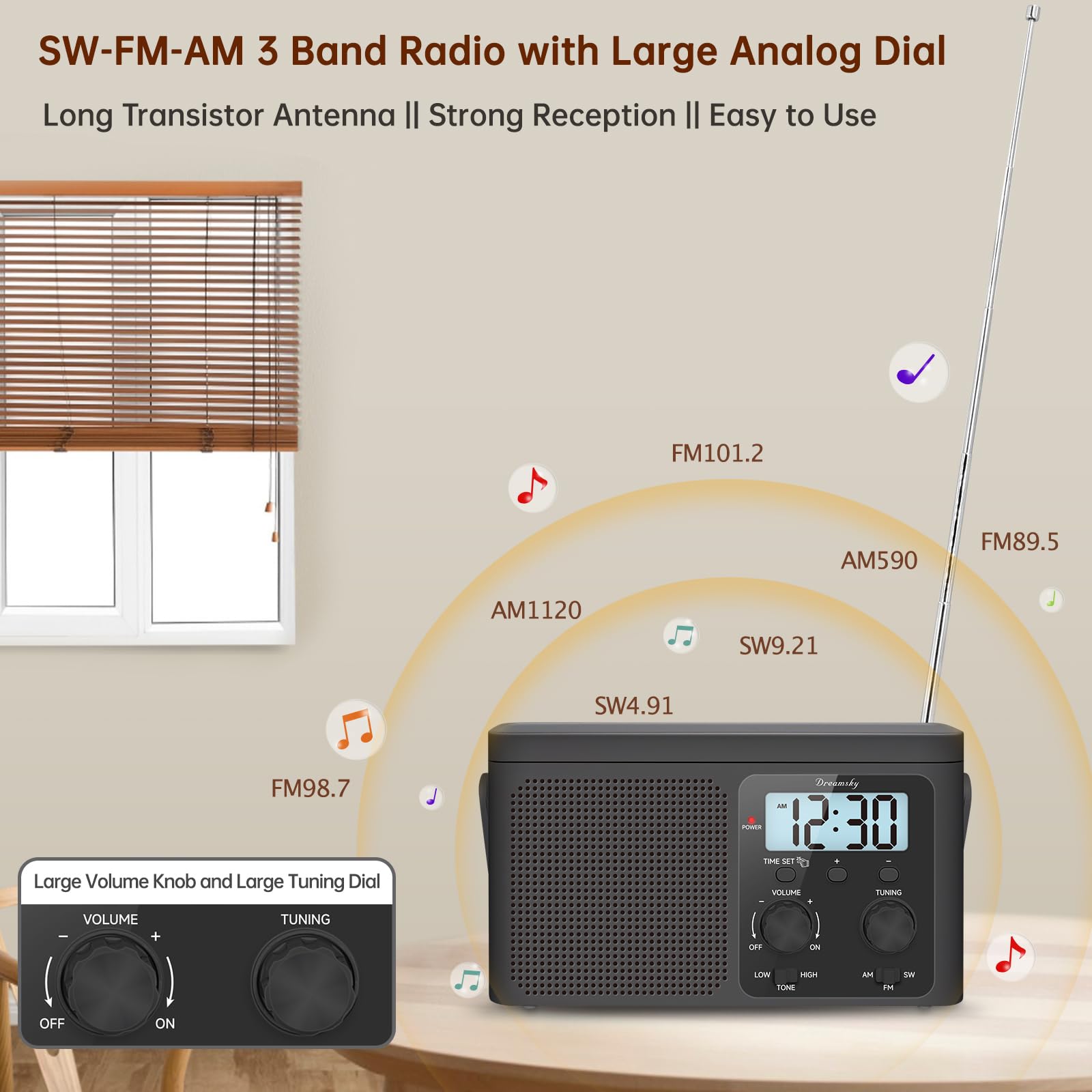 DreamSky Portable AM FM Shortwave Radio - Plug in Wall or Battery Powered, Transistor Antenna, Strong Reception, Large Analog Dial, Digital Display, 12/24Hr, Headphone Jack, Small Gfits for Seniors