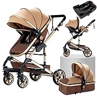 3 in 1 Baby Stroller Travel System, Reversible Newborn Foldable Pram, Infant High Landscape Pushchair, Portable Standard Stroller, Reclining Buggy, Baby Carriage (UDXR001-BEIGE with Base)