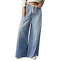 Pink Queen Women's Wide Leg Jeans Drawstring High Waisted Boyfriend Baggy Jean Loose Casual Denim Pants with Pockets