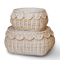 Hand Woven Rattan Basket Set - 15x10x6 Inch - Small Scalloped Baskets - Round Wicker Basket - Wicker Storage Basket - Rattan Basket With Lid