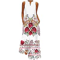 Women Summer Boho Floral Elegant Tank A-Line Dress Sleeveless V Neck Casual Loose Fit Flowy Maxi Long Dresses