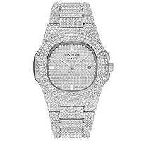 Gosasa Men's/Womens Unisex Crystal Watch Full Bling Iced-Out Cuban Watch Oblong Silver/Gold Wristwatch Hip-Hop Stainless Steel Bracelet Watch