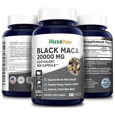 NusaPure Black Maca Root 20,000mg per Caps 180 Veggie Capsules (Vegan, Non-GMO, Gluten-Free)