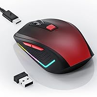 FENISIO Wireless Mouse,RGB Wireless Mouse for Laptop,1600 DPI Optical Sensor,3 Adjustable Levels,Ergonomic Mouse Rechargeable 2.4GHz Computer Mouse with USB Receiver Gaming Accessories - Red