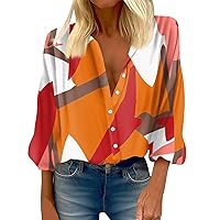Women's 3/4 Sleeve Shirt V Neck Button Down Loose Fit Shirts 2024 Trendy Floral Printed Relaxed Fit Tunics Blouses