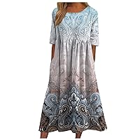 Classic Plus Size Short Sleeve Tunic Dress Ladie's Mother's Day Wedding Comfy Printed Women with Pockets Blue S