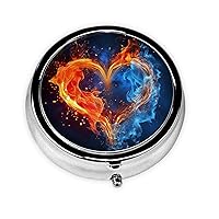fire and Water Heart Printed Pill Box Round Pill Case Medicine Organizer Travel Pillbox 3 Compartment Portable Pill Container Holder