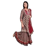 Red and Brown Designer Indian Women Wear Cotton Short Peplum Embroidered Kurti Festival Party Dress