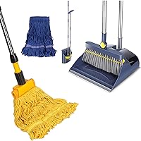 Commercial Wet Mop + Broom and Dustpan Set, Looped-End String Mop with 1 Extra Mop Head Replacement, Standing Dustpan and Broom Combo for Home Kitchen Floor Cleaning