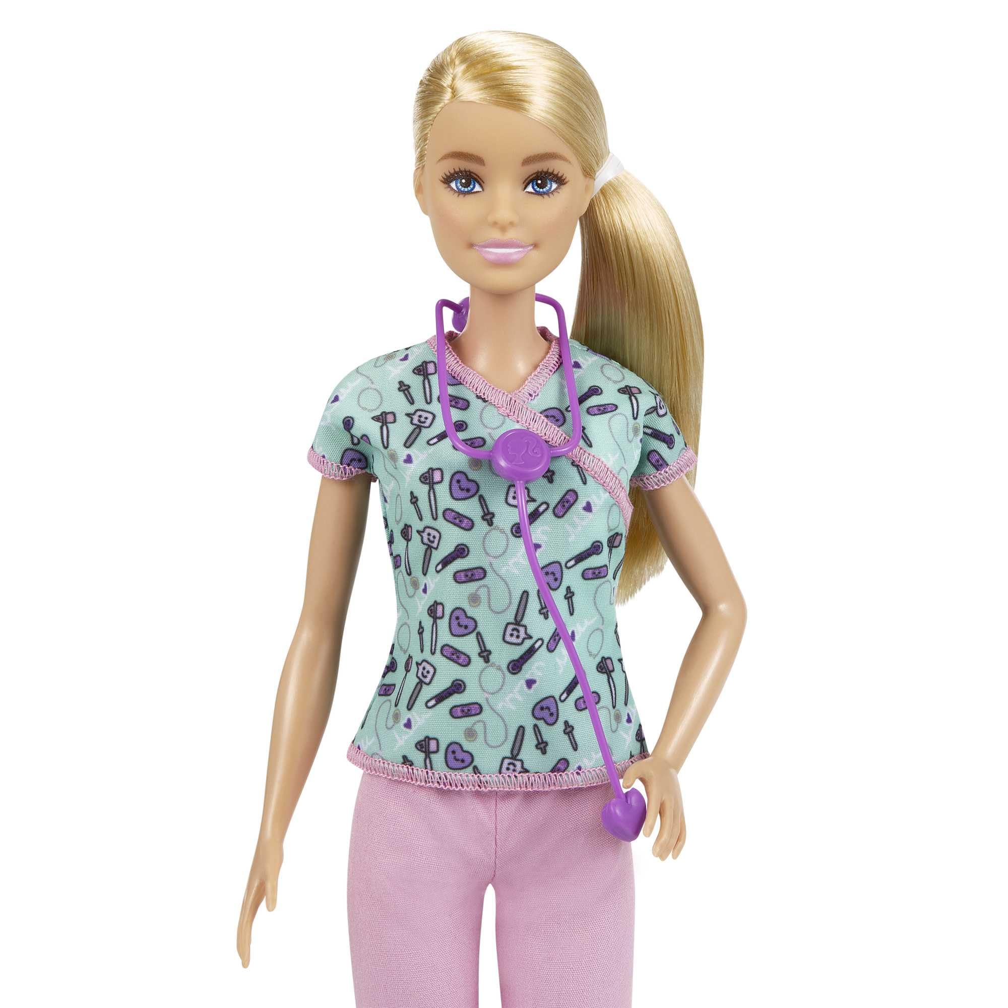 Barbie Nurse Fashion Doll with Medical Tool Print Top & Pink Pants, White Shoes & Stethoscope Accessory