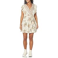 Angie Women's Printed V-Neck Dress with Ruffle Sleeves, Ivory-Coral