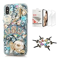 STENES Sparkle Case Compatible with iPhone 13 - Stylish - 3D Handmade Bling High Heel Crown Pumpkin Car Flowers Crystal Rhinestone Glitter Cover Case with Screen Protector [2 Pack] - Blue