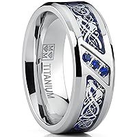 Metal Masters Men's Titanium Wedding Ring Band with Dragon Design Over Blue Carbon Fiber Inlay and Blue Cubic Zirconia SZ 8