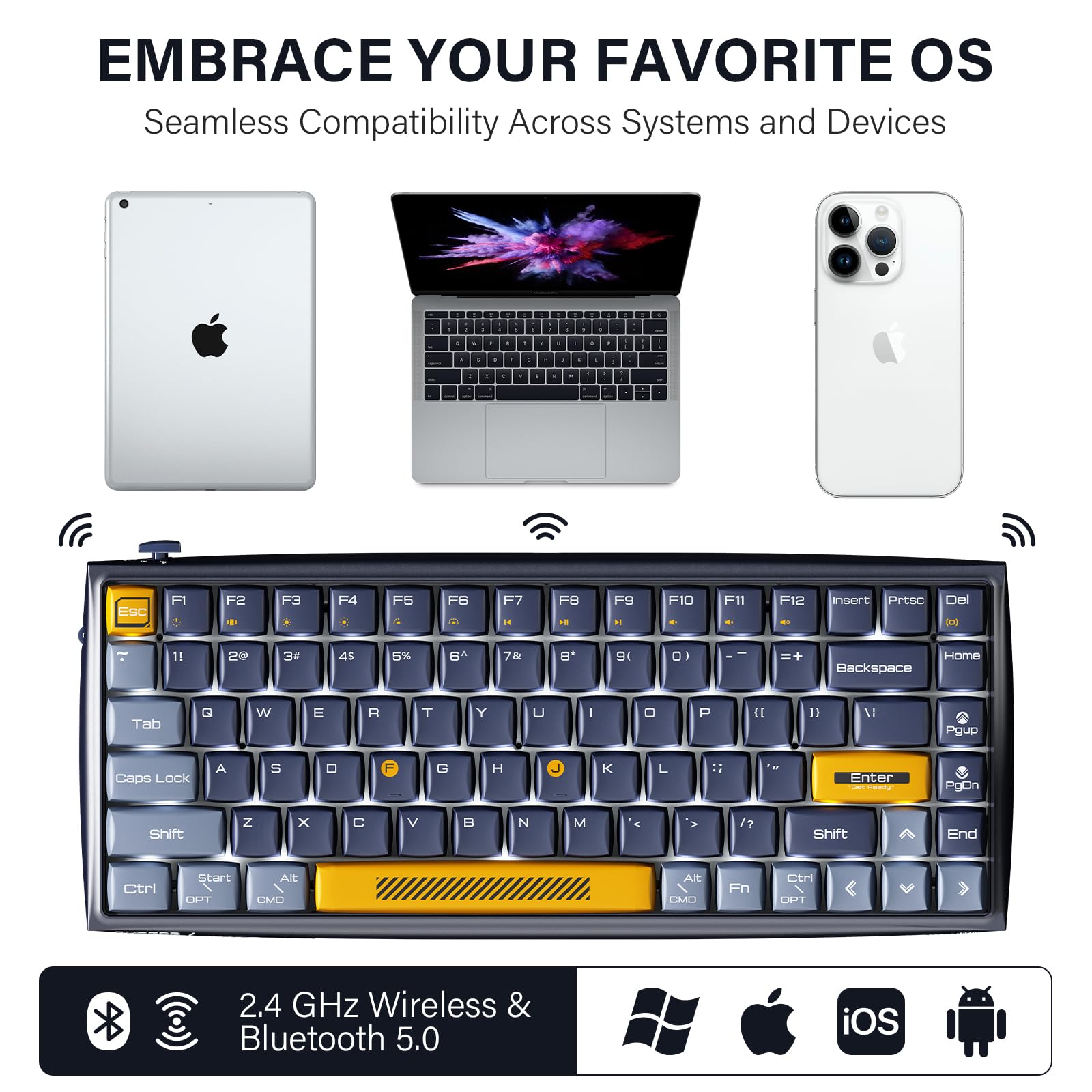 Durgod K710 Wireless Mechanical Keyboard, 84-Key 75% Layout, Connect up to 3 Devices via Bluetooth/2.4G Wireless for Mac Windows Linux, LED Backlit & N-Key Rollover, Tactile Brown Switch, Navy Blue