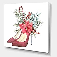 Red Suede Heeled Shoes With Christmas Floral Decor Traditional Canvas Wall Art, 36x36