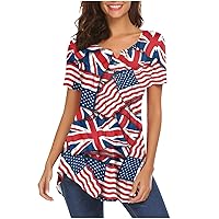 Women's T Shirts 4th of July Plus Size Short Sleeve Tee Shirt Casual 2024 Summer Button Blouse Tops