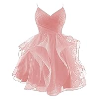 Glitter Tulle Short Prom Dress Spaghetti Straps V Neck Tiered Homecoming Dresses for Teens 2024 Sparkly Cocktail Gown
