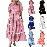Spring Dresses for Women 2024 Casual Fashion Plus Size Short Sleeve Tied Sundresses Trendy Summer Flowy Beach Maxi Dress