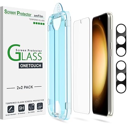 amFilm [2+2 Pack OneTouch Tempered Glass Screen Protector for Samsung Galaxy S23+/S23 Plus 6.6 Inch with Camera Lens Protector, 9H Hardness, Easy Installation and Bubble Free.
